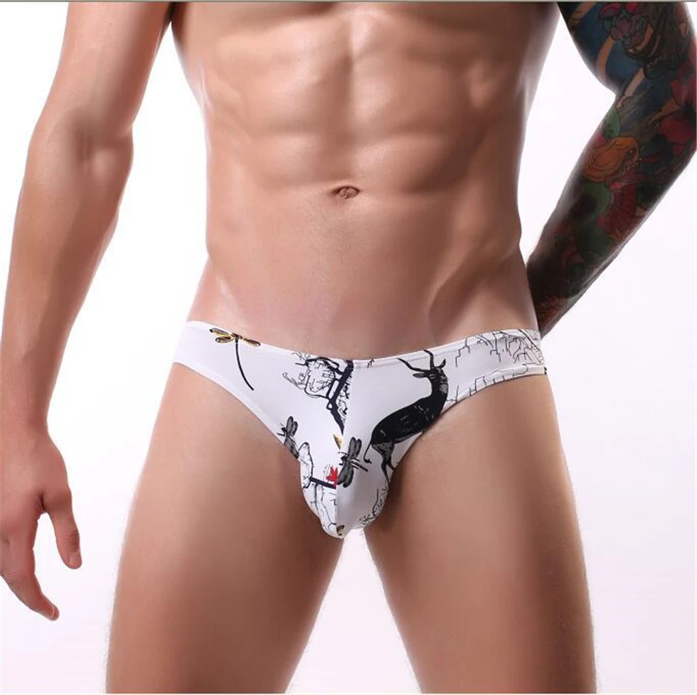 New men\'s underwear sexy U convex printing large size ice silk briefs comfortable breathable elastic high quality underwear male