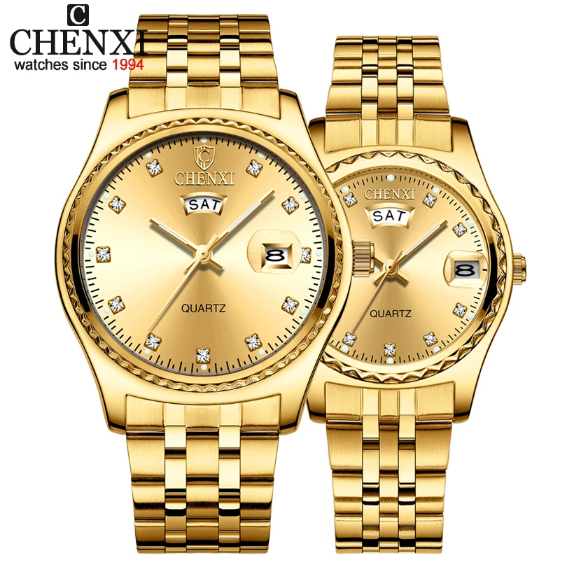 

CHENXI 2Pcs/Set Lovers Watches Men Golden Quartz Watch For Women Dress Wristwatch Top Brand Luxury Fashion Casual lovers Watch