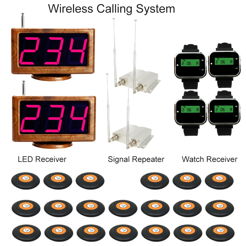 JINGLE BELLS 20 call button+4 watch pager+2 LED screen receiver+2 signal repeater waiter restaurant paging calling system