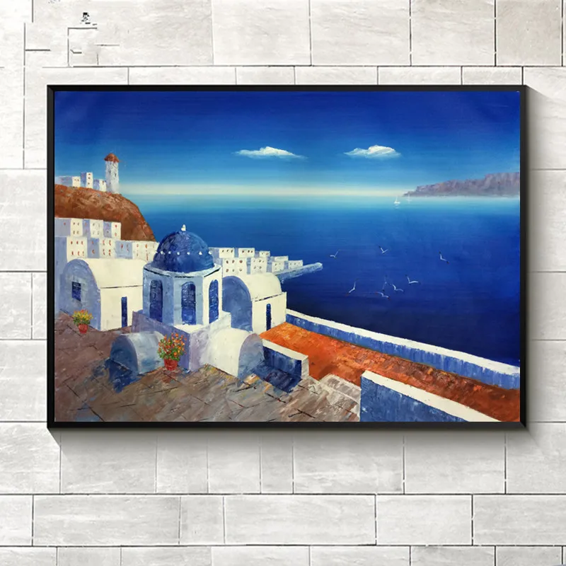 

Hand Painted oil Painting on Canvas Blue Seascape European Mediterranean style decoration Wall art picture for living room