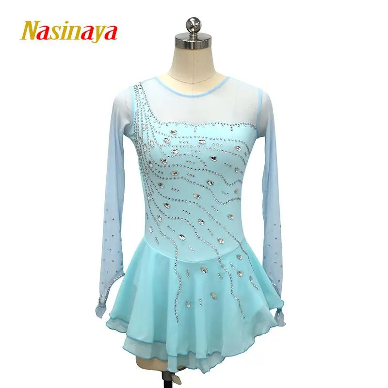 Women'S Round Neck Long Sleeve Stage Performance Costume Rhinestone Custom Figure Skating Skirt