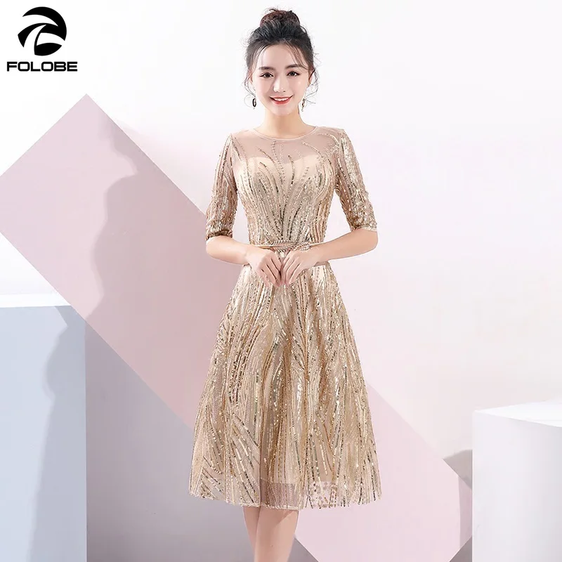 

FOLOBE Elegant A-Line Gold Sequin Party Dresses Half Sleeves Knee Length Women Formal Dress