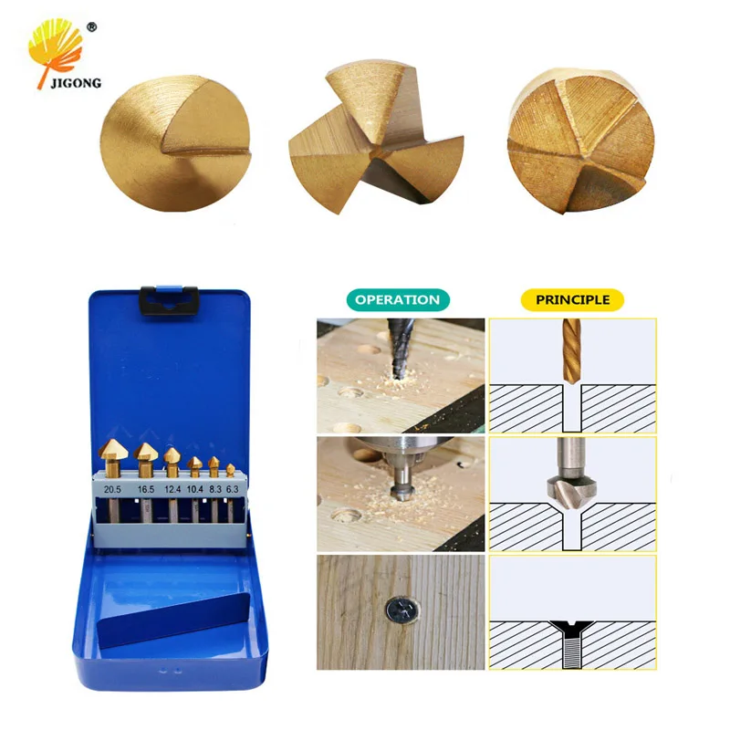 

JIGONG Round handle 6pcs/Set HSS Hard Metals Titanium Three Edge Chamfer Chamfering Cutter Countersink Drill Bit in Tin box