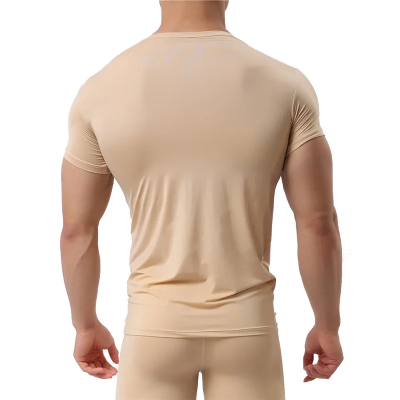 Man Undershirt Ice Silk Spandex Sheer T Shirts Male Nylon V-neck Short Sleeves Tops Ultra-thin Cool Thermal Sleepwear Undershirt