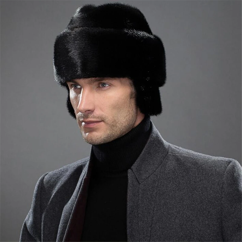 IANLAN French Mens Full-pelt Mink Bomber Hats Real Mink Fur Earmuffs Hats Solid Winter Outdoor Warm Hats IL00237