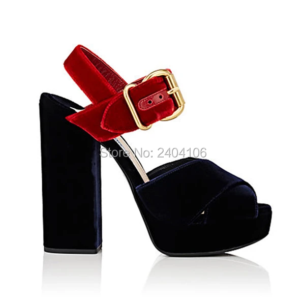 Shooegle Brand Sexy Runway Shoes Mixed Colors Peep Toe Extreme High Velvet Pumps Buckle Strap Block Heel Platform Sandals Women