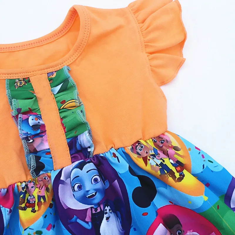 Hot Selling  Baby Girl Cartoon Dress Children Orange Pearl Dress with Cartoon Avatar Printed Girl Boutique Clothing