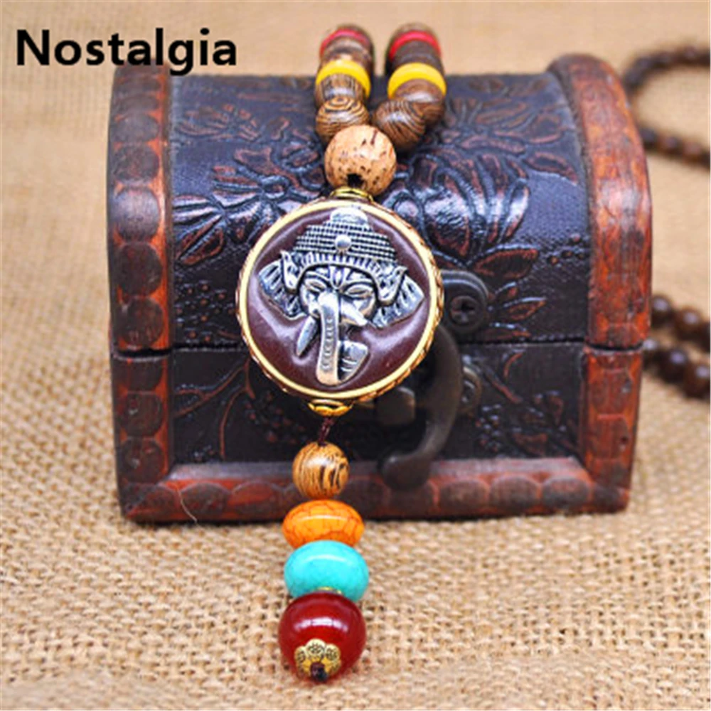 Fashion Handmade Nepal Jewelry Buddhist Mala Wood Beads Pendant Necklace Ethnic Horn Fish Long Statement Necklace For Women Men