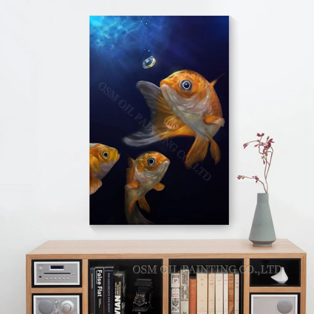 Professional Artist Handmade High Quality Impression Animal Fish Oil Painting on Canvas Handmade 3 Goldfish Oil Painting