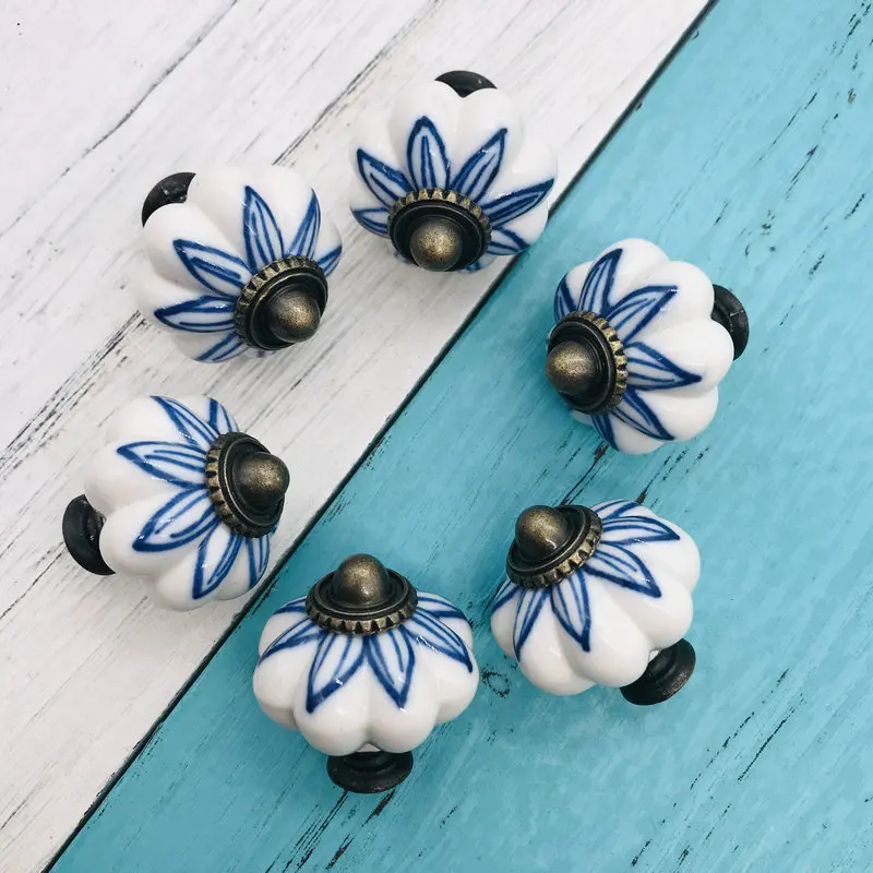 6pcs 34MM Dia White Ceramic Pumpkin Cabinet Knob Cupboard Drawer Pull Dresser Knob Blue and white Hand Painted porcelain Handle