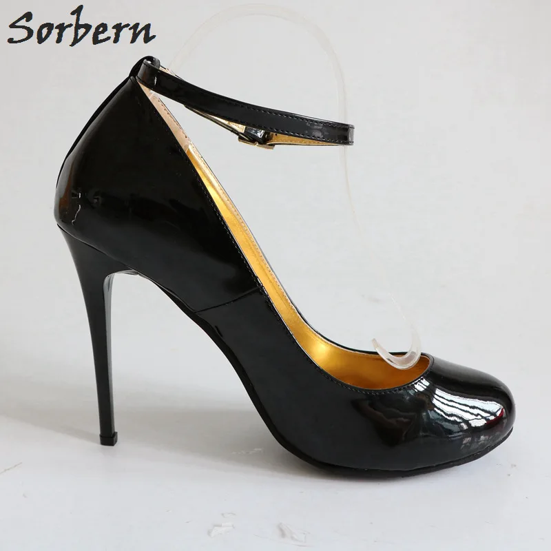 Sorbern 12Cm 14Cm Thin Metal High Heels Women Pumps Ankle Straps Round Toe Sexy Stilettos Night Club Party Shoes Size 34-52