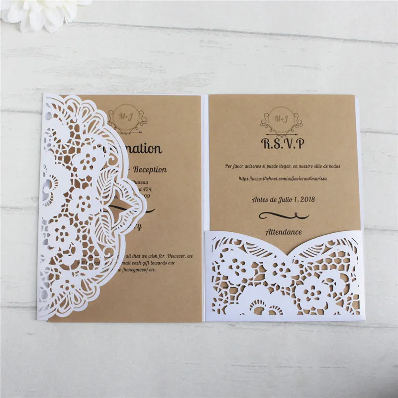 

White wedding invitations rural laser cut wedding card pocket fold customized printing insert RSVP party suupply