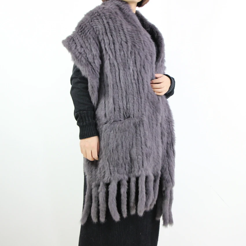 Harppihop*Luxury Women\'s Genuine Real Knitted rabbit Fur Scarves with Tassels Lady Pashmina Wraps Autumn Winter Women Fur Shawls