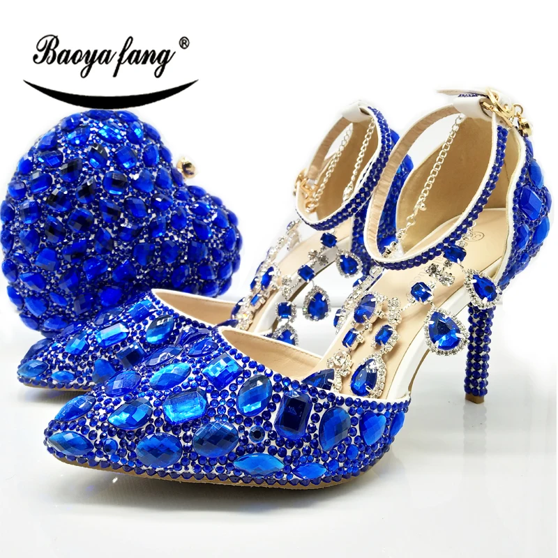 BaoYaFang New arrival Royal blue crystal Womens wedding shoes with matching bags Pointed Toe ankle strap Buckle shoe and purse