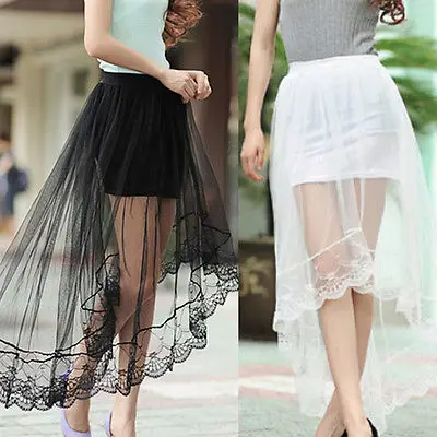 Women's Stretch Plain High Waist Skater  Lace Sexy summer Flared Pleated Skirt Maxi Black See-through