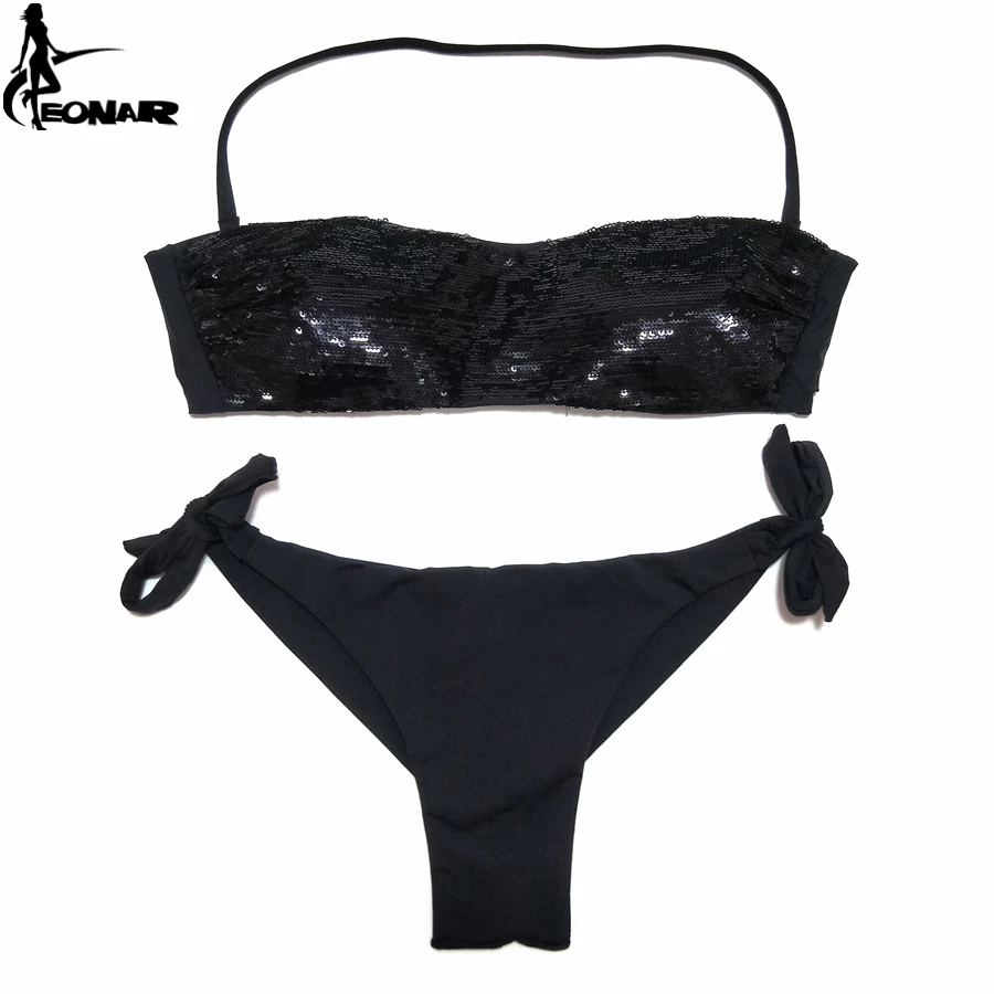 EONAR-Traje de baño de lentejuelas cosidas para mujer, conjunto de bikini con parte inferior de corte brasileño, traje de baño de cintura baja, trajes de baño, ropa de playa de verano