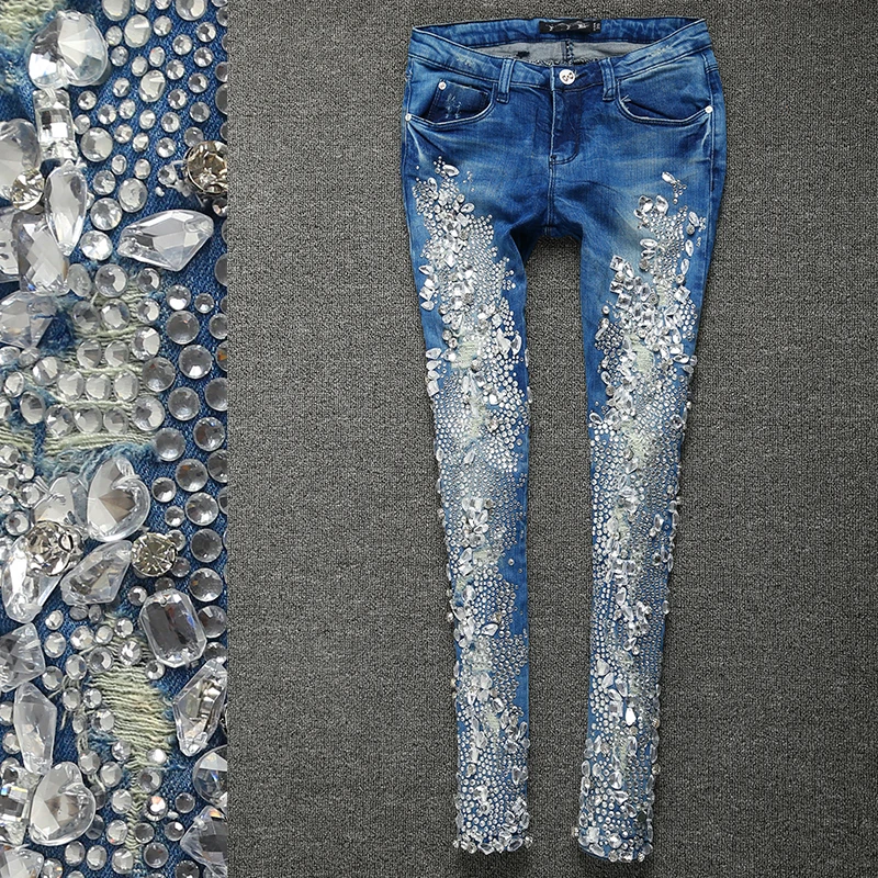 

spring autumn fashion Rhinestones Diamond skinny Women Denim Jeans Skinny Slim Stretch Pencil jeans