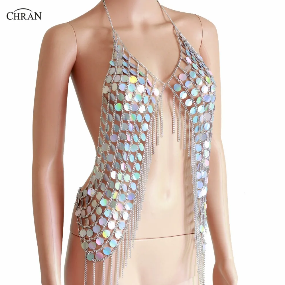 Chran New Sexy Spark Vest Summer Mermaid Crop Tops Tassel Halter Necklaces Bikini Wear Sequin Womens Party Jewelry Accessories