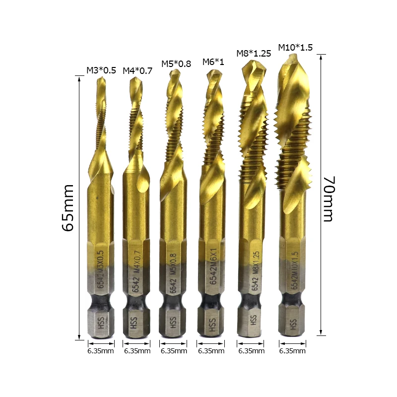 M3-M10 Screw Tap Drill Bits HSS Metric Machine Taps Kit 1/4'' Hex Shank Hand Thread Tap Woodworking Tools 6pcs