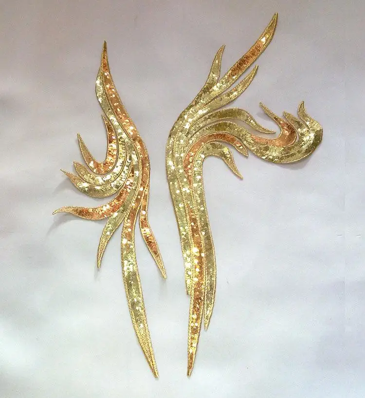 15*50-20*55cm Large Golden & Blue Paillette Sequin Embroidery Phoenix Peacock Feather Sew-on Patch Applique For Clothes DIY