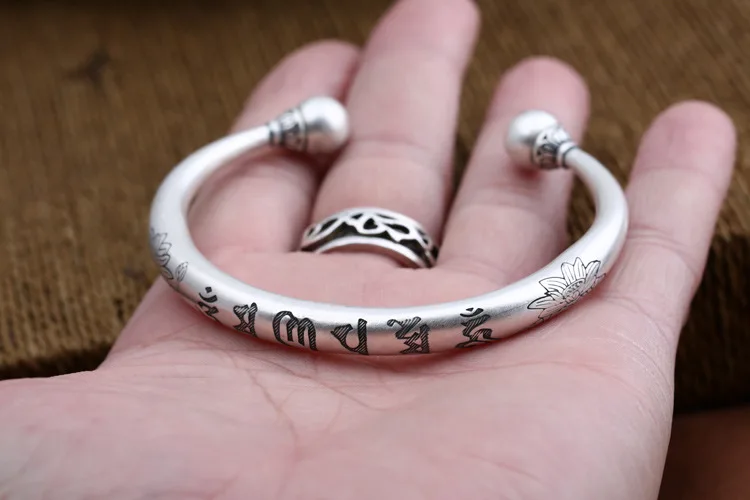 NEW! Real 999 Silver Tibetan OM Mantra Bangle Vintage 999 Silver OM Lotus Flower Bracelet Pure Silver Buddhist Bangle