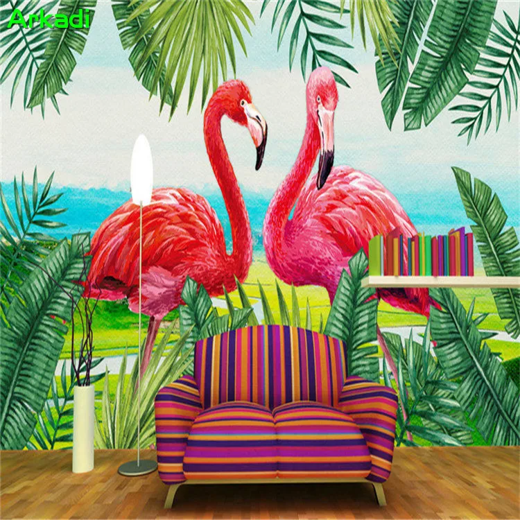 Hand-painted flamingo wallpaper plant Southeast Asia living room background wallpaper restaurant bedroom non-woven custom mural