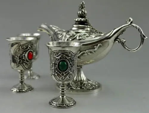 Collectible Decorated Old Handwork Tibet Silver Carving Flower Tea Pot Cup Set decoration metal handicraft