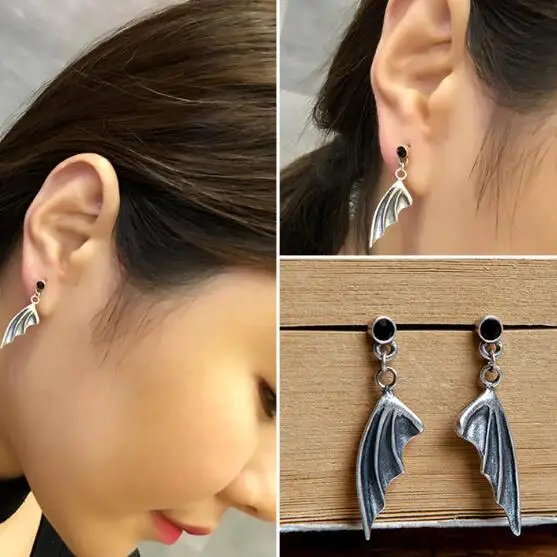 

Antique Real 925 Sterling Silver Earring Vintage Bat Feather Drop Earrings For Womens Gothic Steampunk Style Jewellery