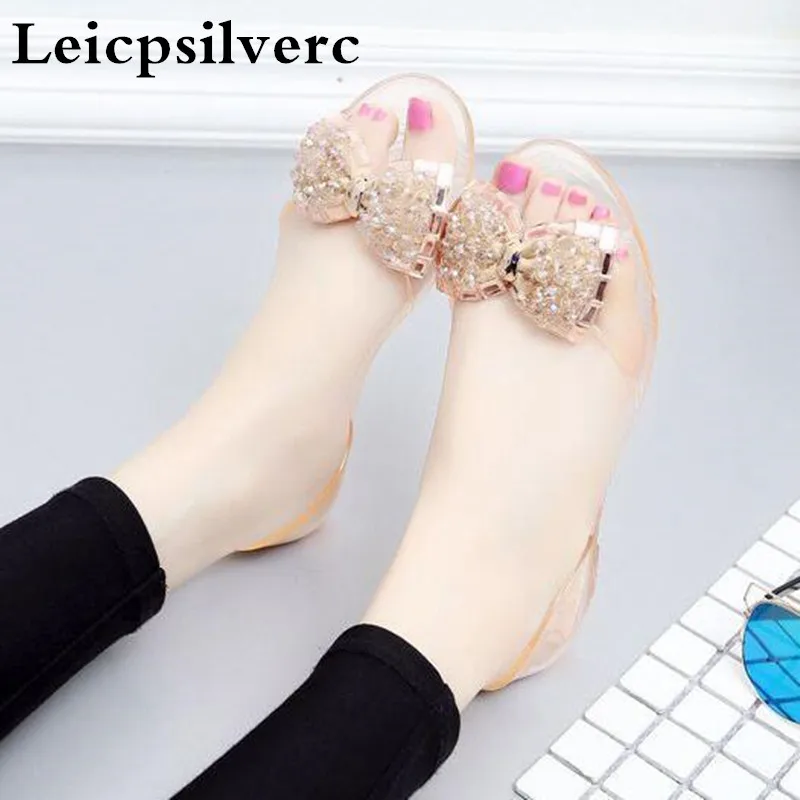 Summer new crystal women\'s sandals flat bottomed water drill bow tie beach jelly women shoes