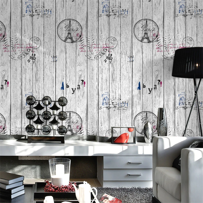 

beibehang Nostalgic Letter Tower Wooden Wooden Board Wallpaper Bar Cafe Garment Shop Personal Striped Wallpaper papel de parede