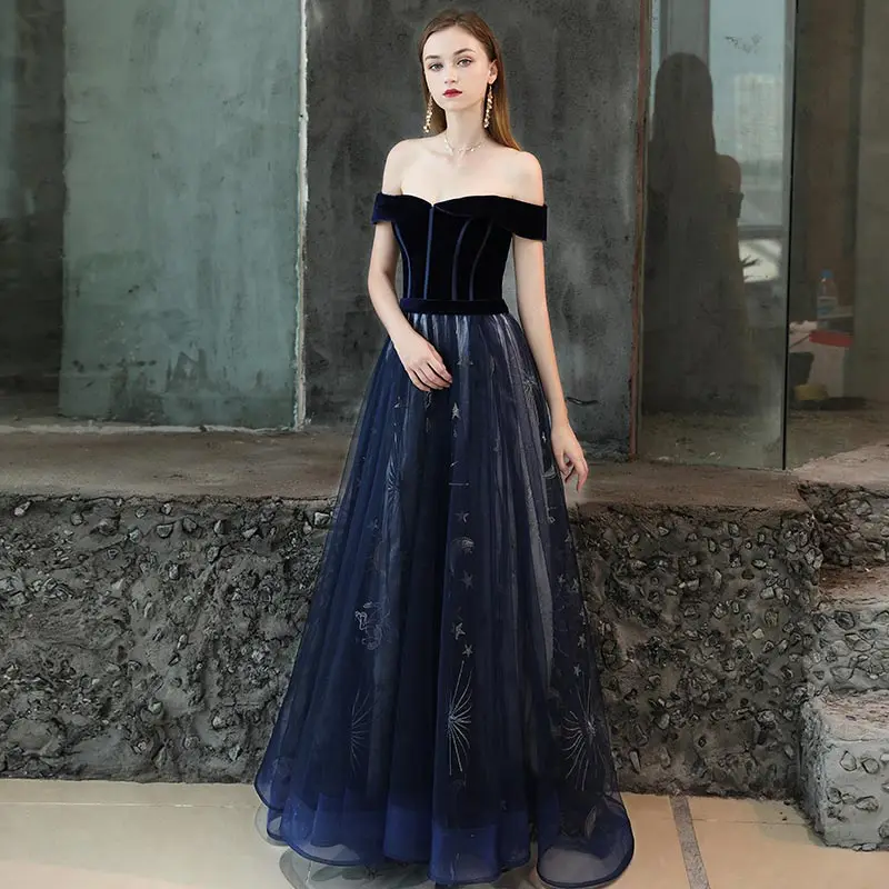 FADISTEE ใหม่มาถึงชุดราตรี Vestido De Festa เซ็กซี่ลูกไม้ Velour A-Line Belt ชุดราตรี Navy สไตล์ใหม่