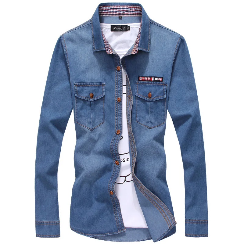 Plus Size Men Denim Shirts 5XL Cotton Turn-down Collar Pockets Camiseta Masculina 2018 Autumn Long Sleeve Blue Camisa Social