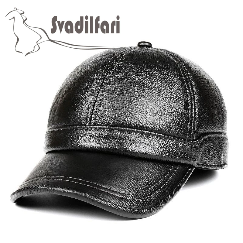 Svadilfari 2018 New Autumn Winter Real Cowhide Hat Men Women Genuine Leather Baseball Outdoor Warm Cap Ear Protector Dad Mom