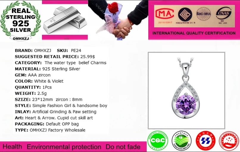 OMHXZJ Wholesale jewelry woman girl AAA zircon 925 sterling silver NO Chain Necklace faith of love pendant Charms PE24