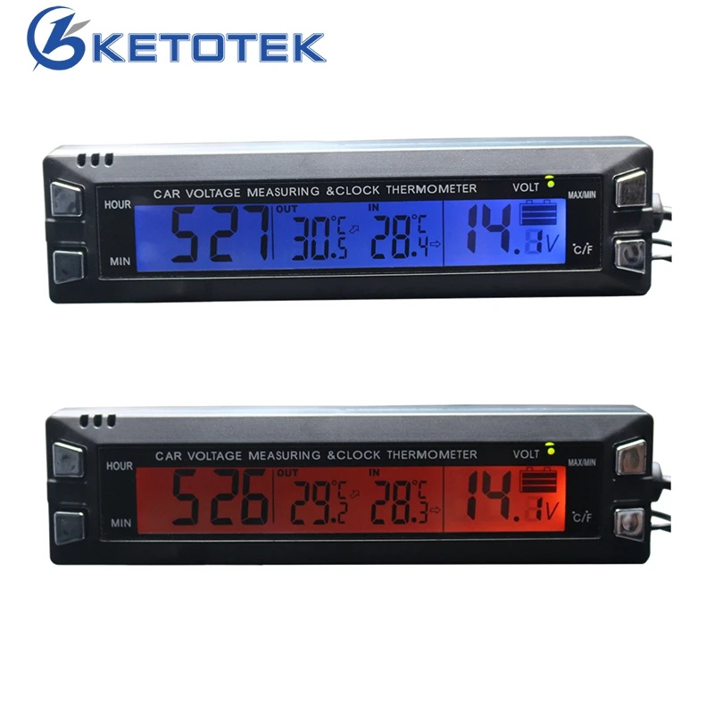 EC30 Car Thermometer 3 in 1  Digital Clock Voltage Temperature Meter Thermometer Clock Voltmeter with Temperature Sensor