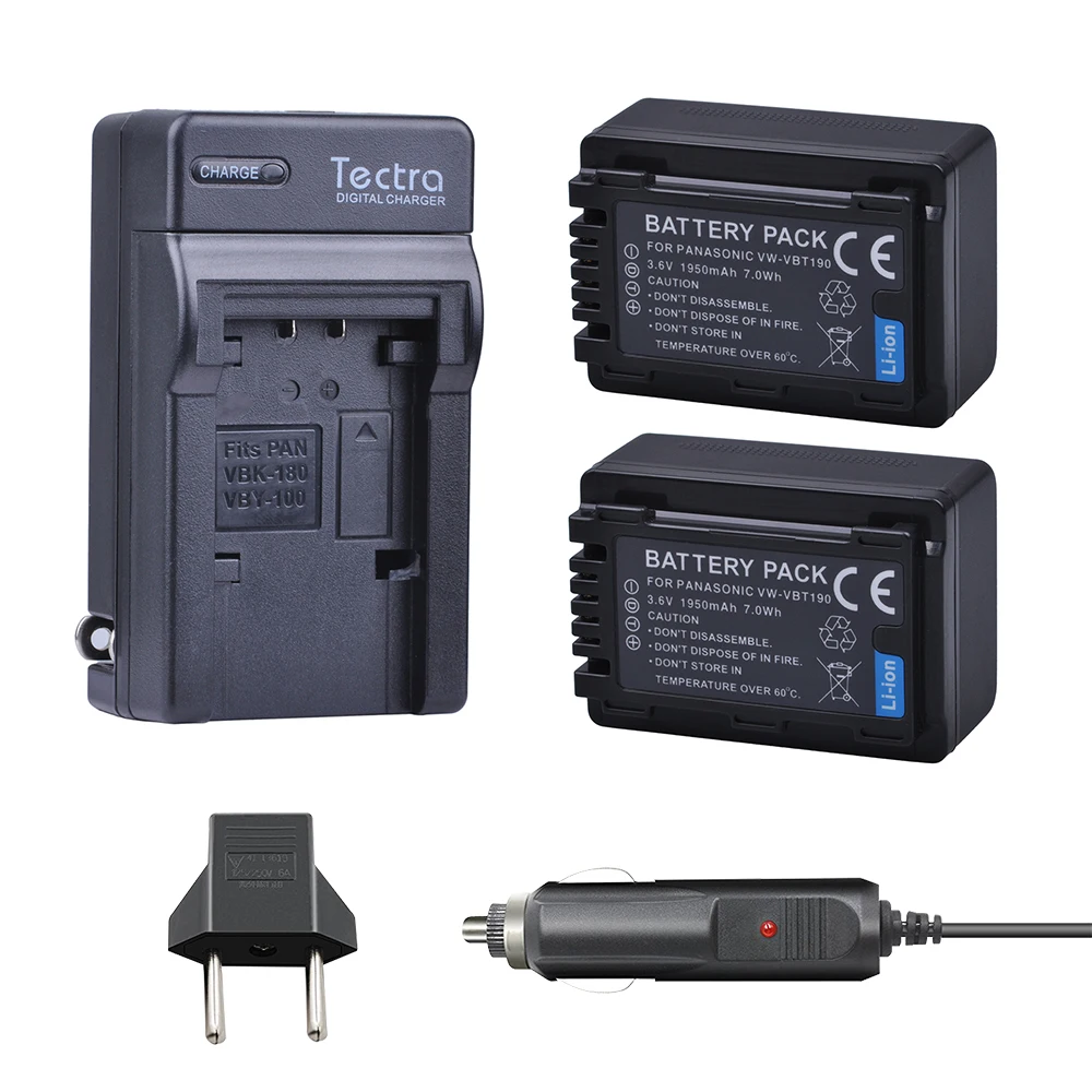 Tectra 2PCS VW-VBT190 Battery+Digital Charger+Car Plug for Panasonic HC-V110 HC-V130 HC-V160 HC-V180 HC-V201 HC-V210 HC-V230