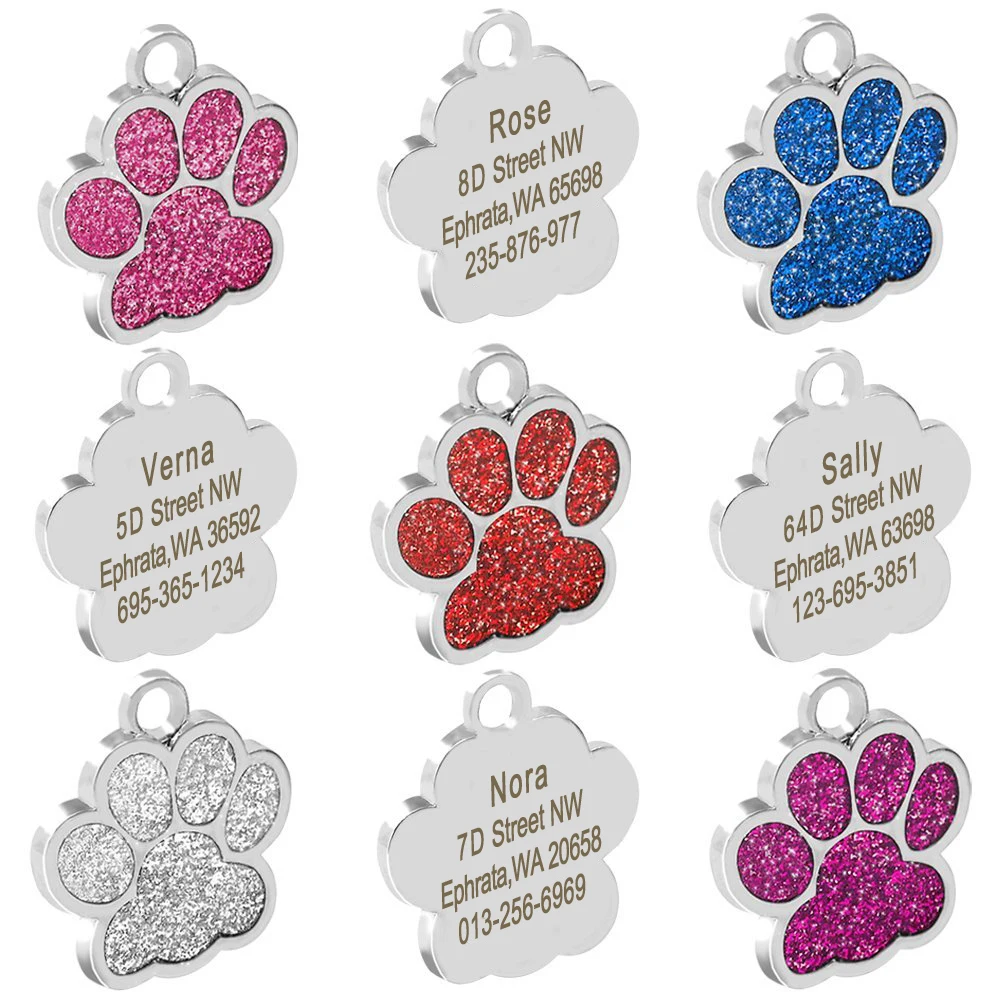 Personalized Dog Tags Engraved Cat Puppy Pet ID Name Collar Tag Pendant Pet Accessories Bone/Paw Glitter