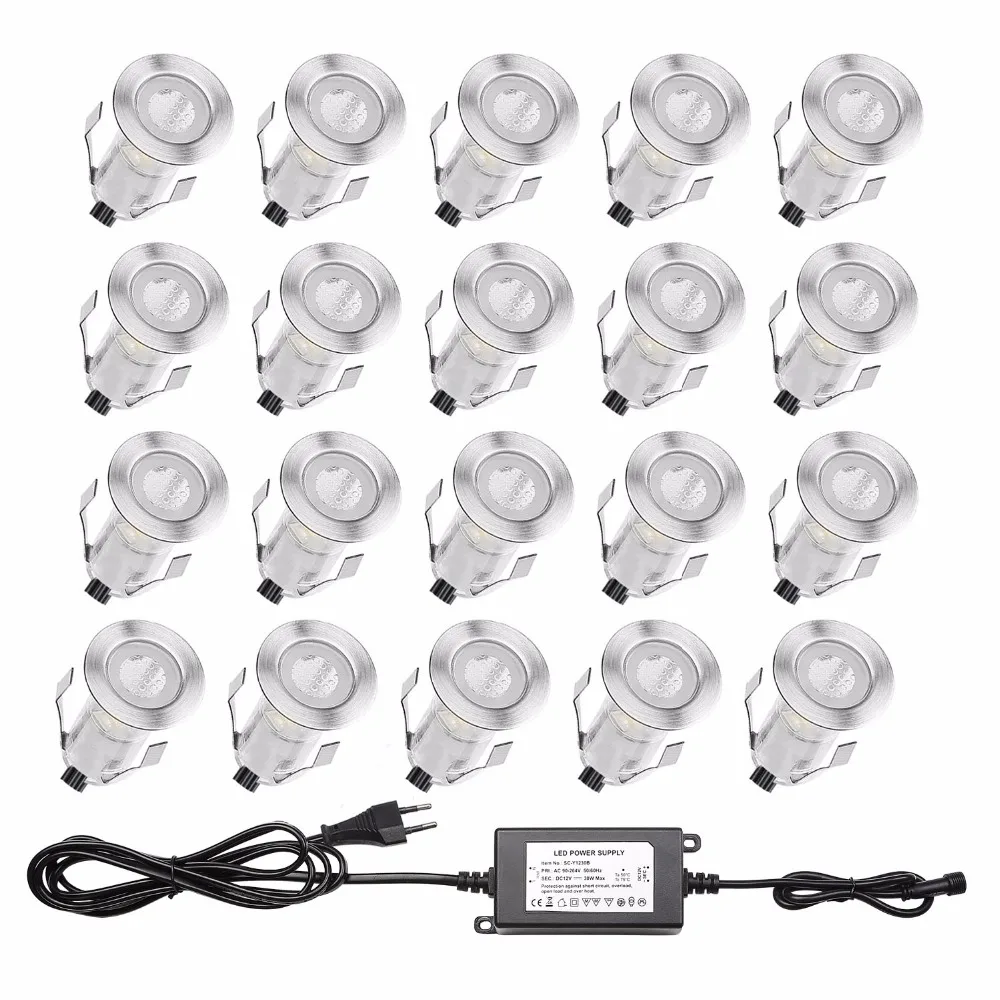 20-Pack Mini LED Deck Lights Outdoor Patio Decoration Lighting Fixtures DC12V IP67 Waterproof Recessed Deck Stairs Spotlight