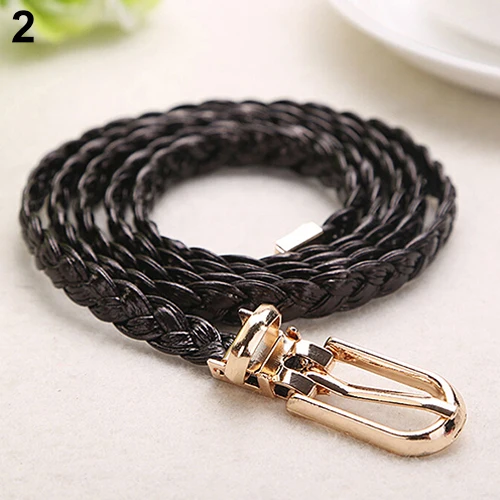 Hot Women Braided PU Leather Narrow Thin Buckle Strap Waist Belt All-Match Waistband 9TC4