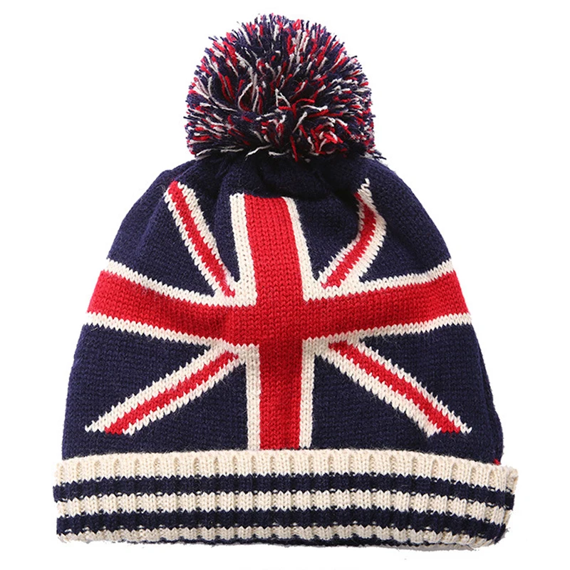 Men Winter Pom Poms ball Knitted Cap For Women Unisex Casual British and American national flag hats Skullies Beanie hat Gorros