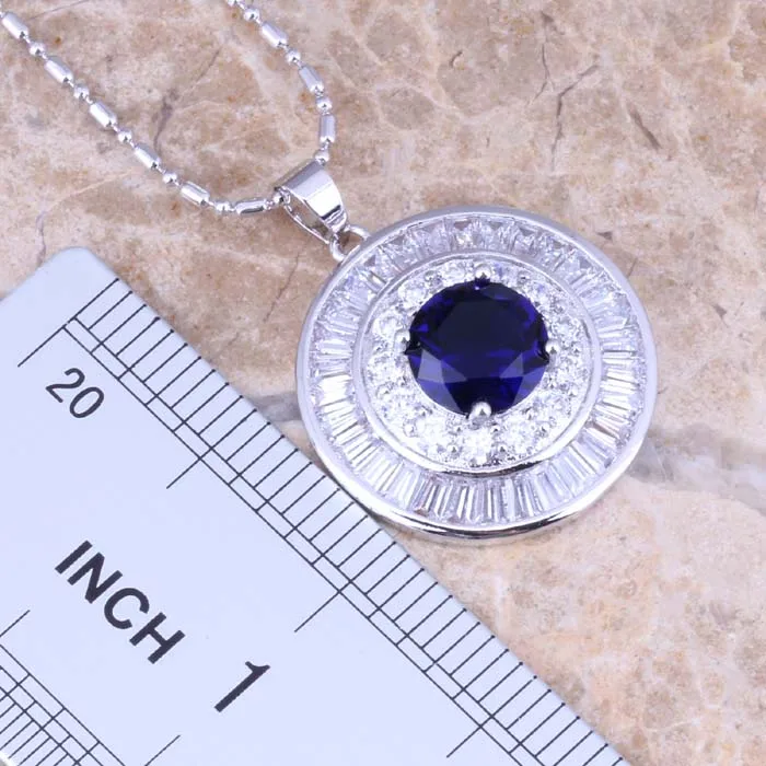 Prominent Blue Cubic Zirconia White CZ Silver Plated Earrings Pendant Necklace Jewelry Sets S0778