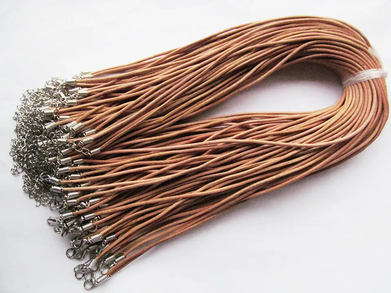 

100pcs 2mm 16-18inches Adjustable Natural Genuine Leather Necklace Cord Rope String,1.8inch Extender Chain,12x7mm Lobster Clasp