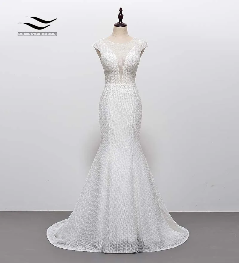 

Solovedress Beading O-neck Lace White Mermaid Wedding Dress Chapel Train Cap Sleeves Ivory Fashion Bridal Gowns Chiffon SLW105