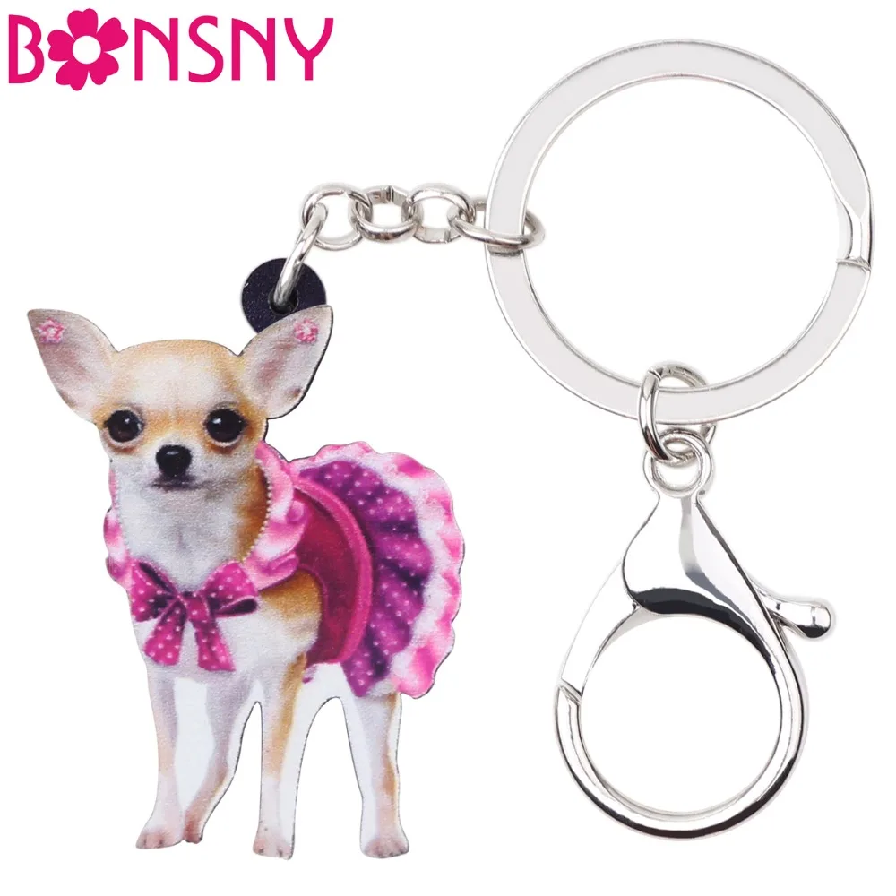 Bonsny Acrylic Cute Pink Dress Chihuahua Dog Key Chains Keychain Rings Animal Jewelry For Women Girl Ladies Handbag Car Charms