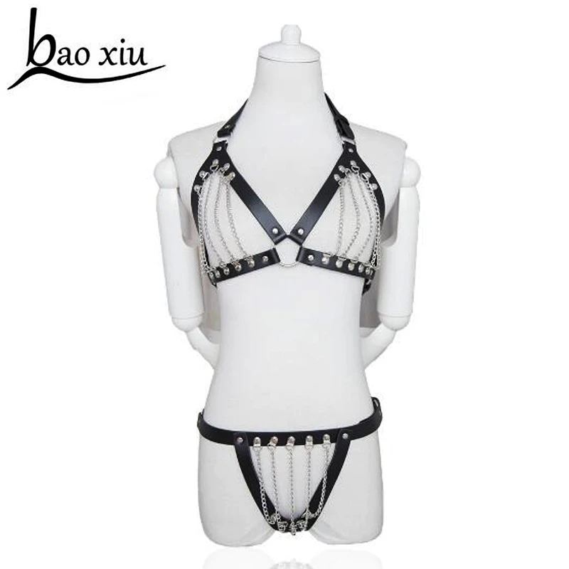 

2020 NEW Punk Goth Sexy Real Leather Harness Collar metal tassel Choker Bra Frame Top Body Bondage Cage Belt Straps Rivets