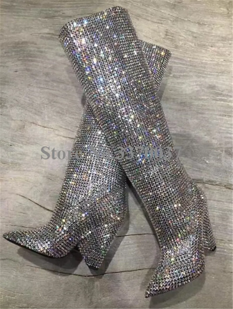 New Fashion Women Pointed Toe Silver Bling Bling Slip-on Over Knee Crystal Spike Heel Boots Pleated Rhinestone Long Boots image 2