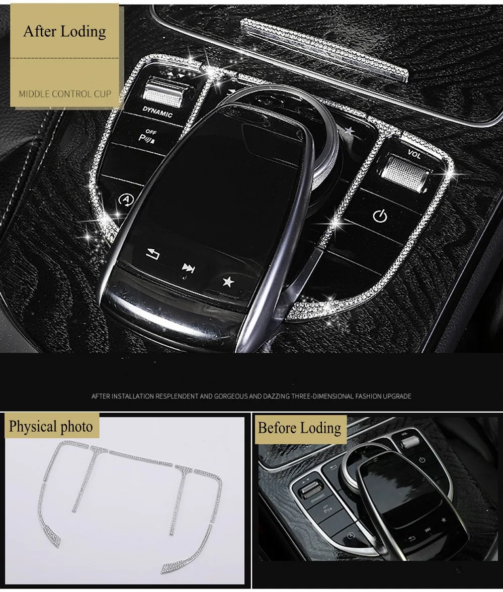 JanDeNing For Car Special Control System decorative frame Sticker  With Diamond for For 2015-2018 Mercedes C Class/GLC