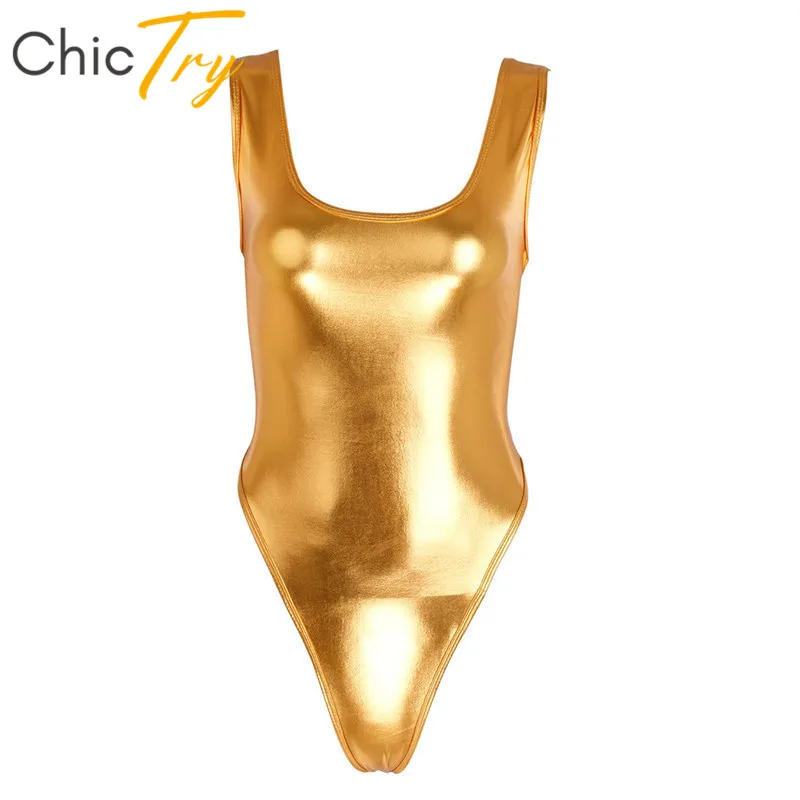 ChicTry Women Solid Color Patent Leather Sleeveless Ballet Leotard Dance Wear Sexy Bodysuit Bikini Swimsuit Gymnastics Leotard