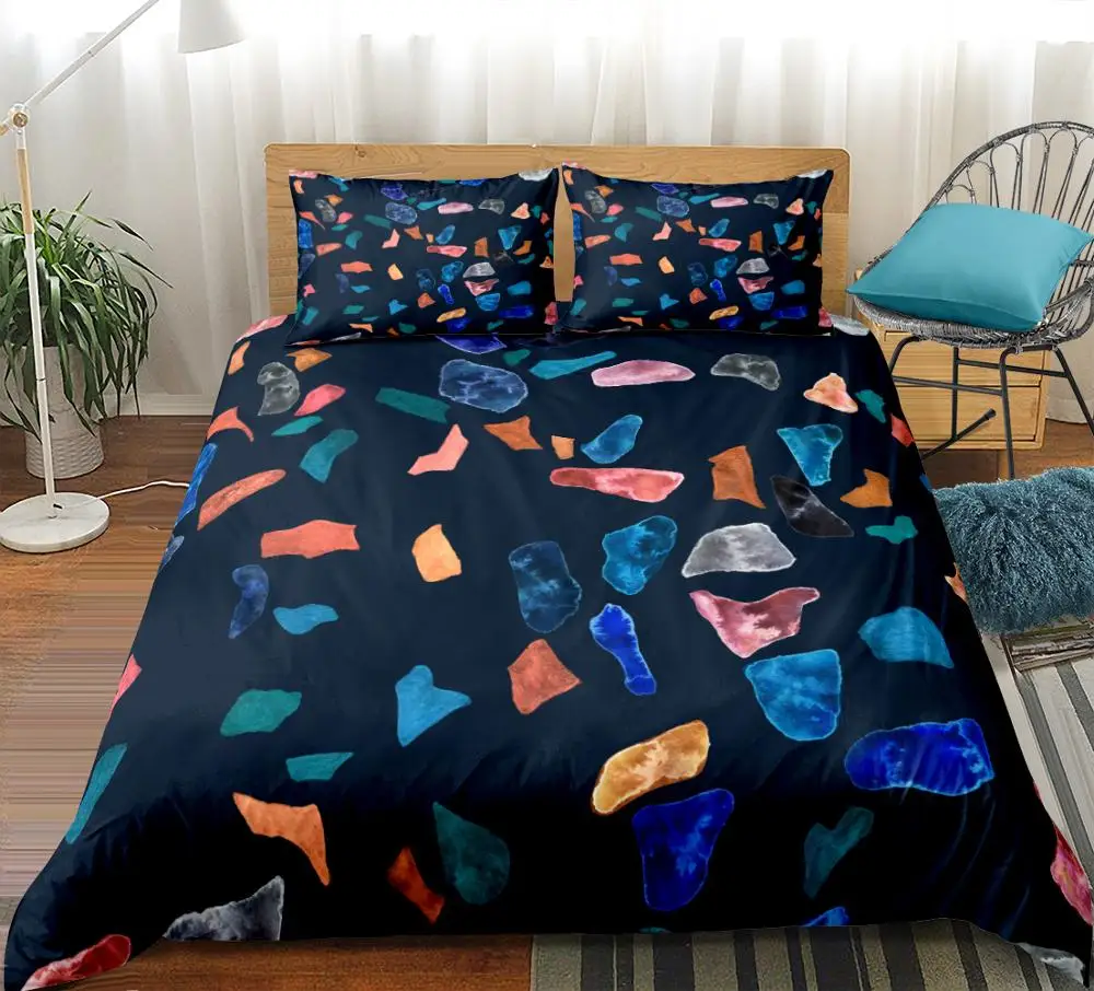 Black Marble Bedding Set Queen Magic Stone Duvet Cover Set Colorful Rock Bed Set Microfiber Bed Cover King Bedspreads