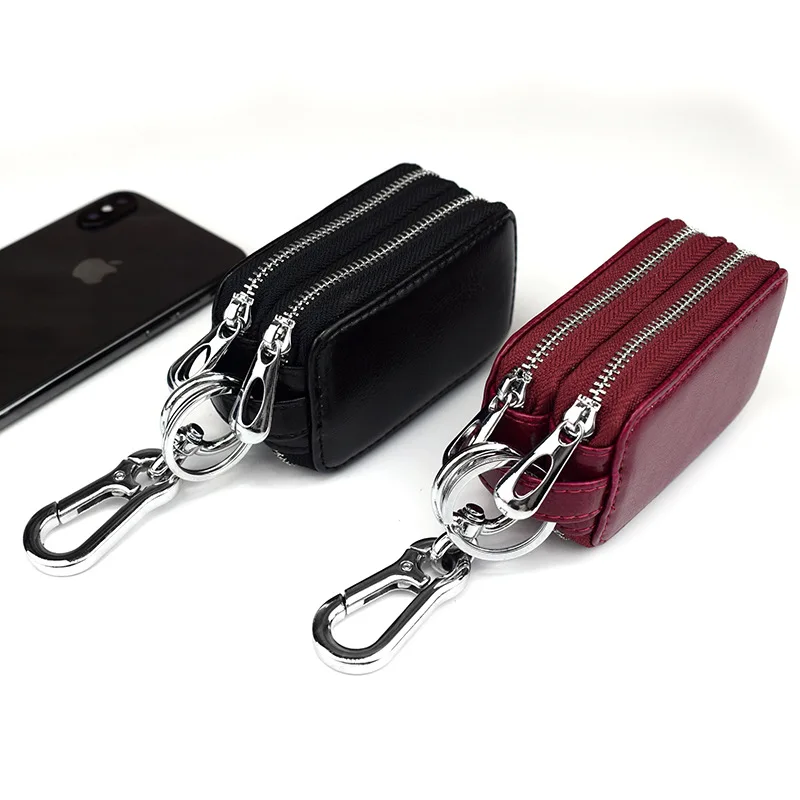 New Arrival Genuine Leather woman Car Key Holders Housekeeper Multifunctional Double Zipper Square Home Key Case Women Key bag